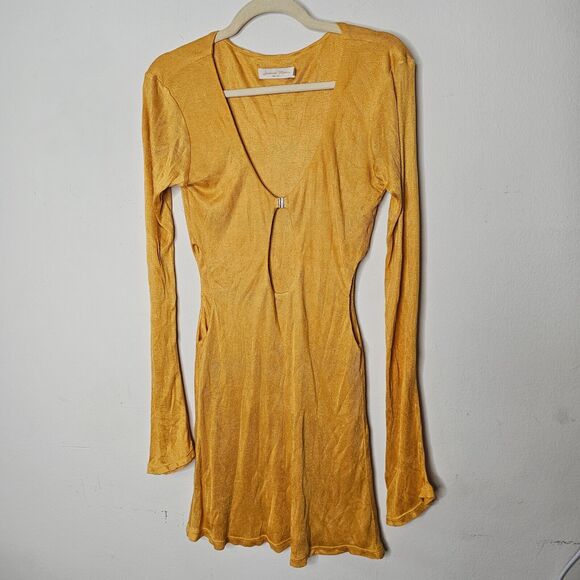 Savannah Morrow Mustard Long Sleeve Keyhole Side Cut Outs Bamboo Mini Dress SM - Picture 3 of 8